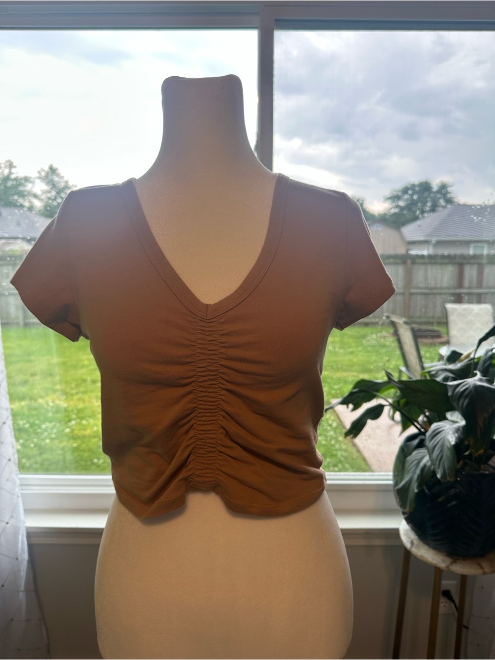 American Eagle Outfitters Ruched V-Neck Crop Top in Brown
